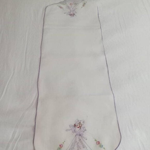 Long Embroider Purple & White Table Runner Cotton Linen Table Antique Vintage - Picture 4 of 10